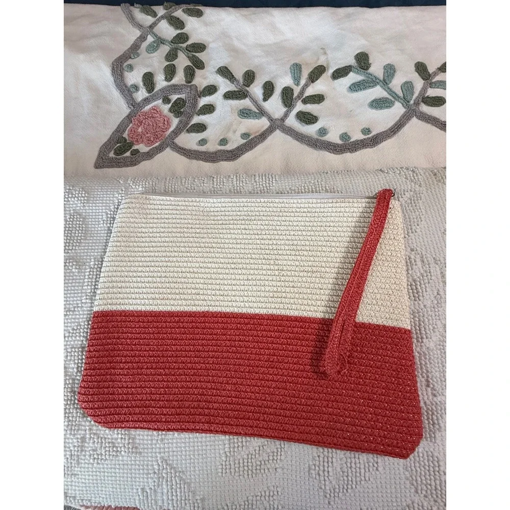 Magid Red Cream Woven Straw Wristlet Clutch Bag Butterfly Logo Shimmer
